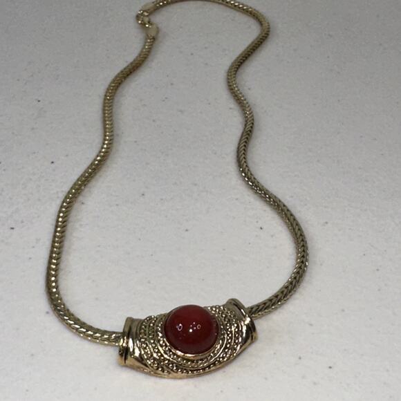 Signed ROMAN Vtg Carnelian Red Goldtone Slide Choker Necklace UNTARNISHED Clean - Picture 8 of 9